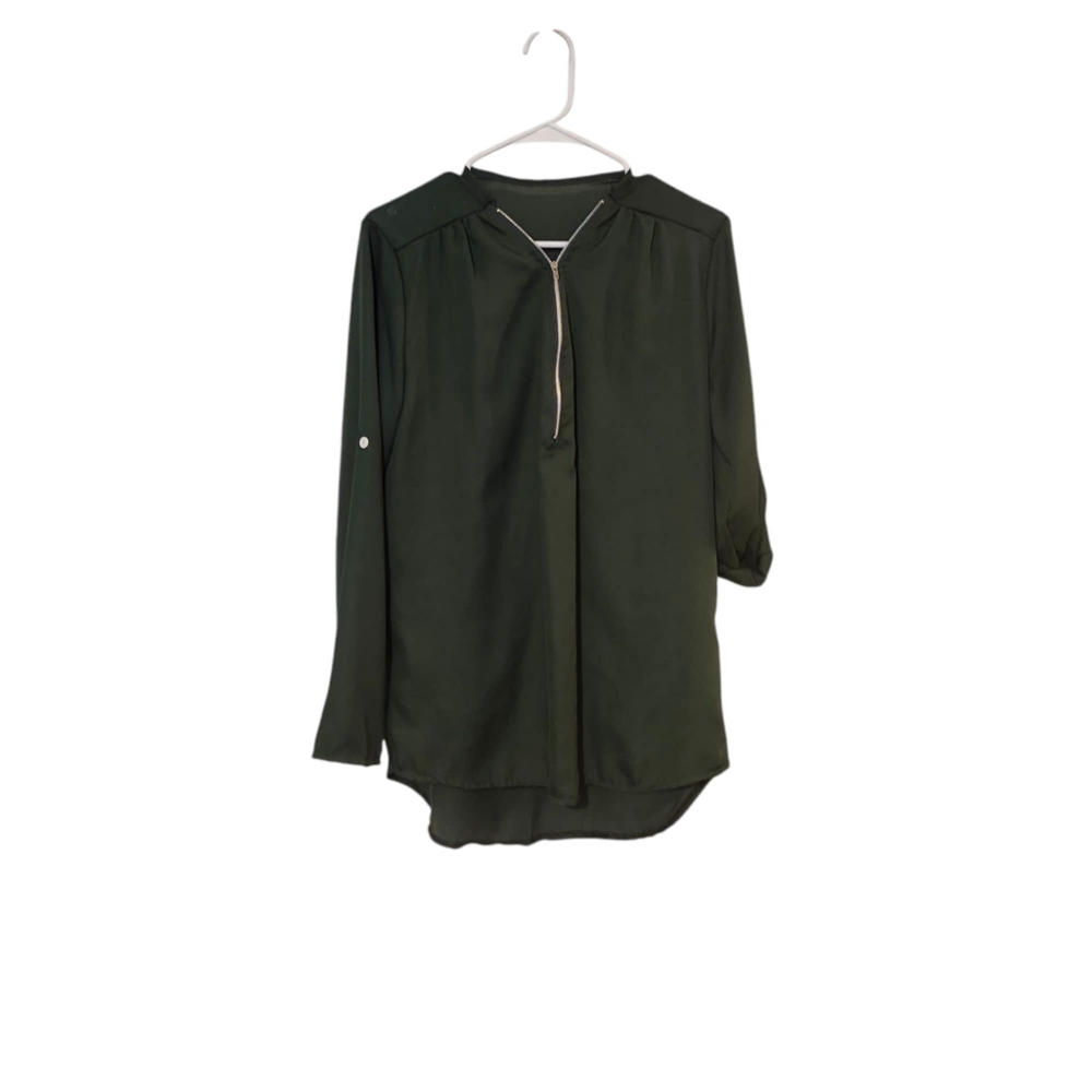 Green Split VNeck Zip Up Loose Fit Size Large Blouse